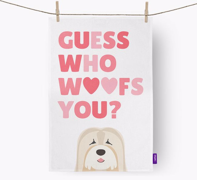 'Guess Who Woofs You?' Tea Towel with {breedFullName} Icon