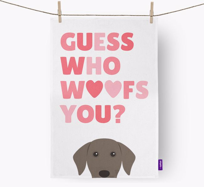 'Guess Who Woofs You?' Tea Towel with {breedFullName} Icon