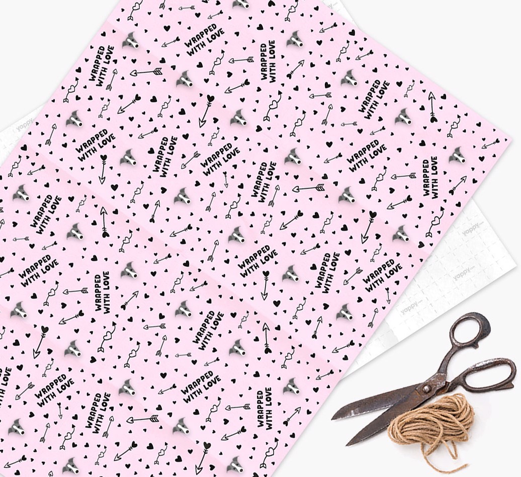 'Wrapped With Love' - Personalised {breedFullName} Wrapping Paper - flat