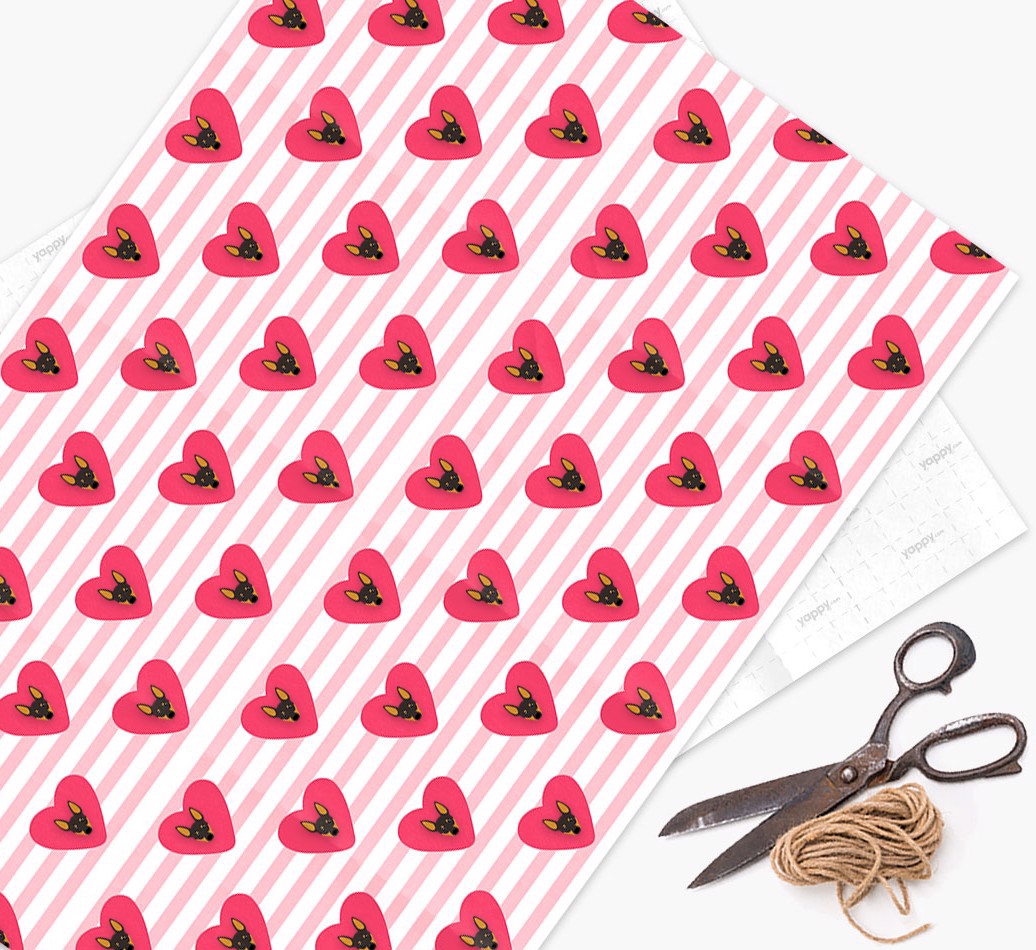 Wrapping Paper with Hearts and {breedFullName} Icons - wrapping paper, scissors and string