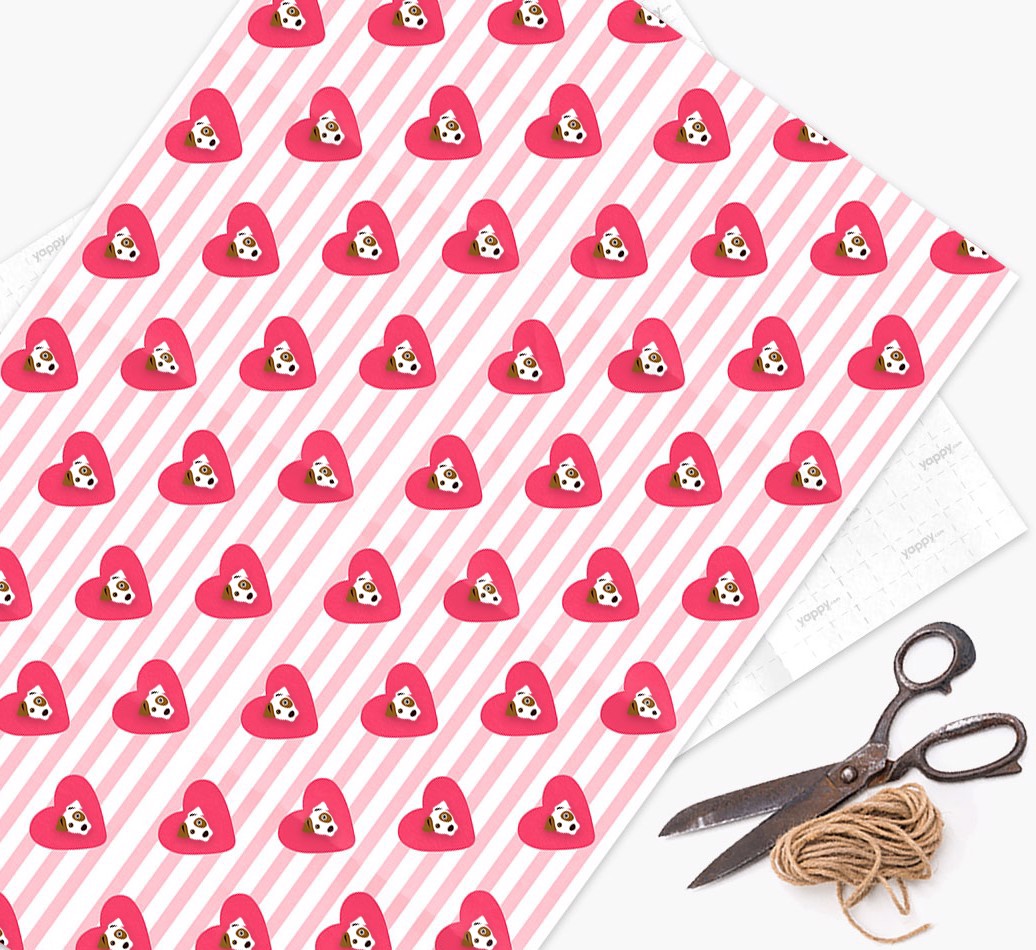 Wrapping Paper with Hearts and {breedFullName} Icons - wrapping paper, scissors and string