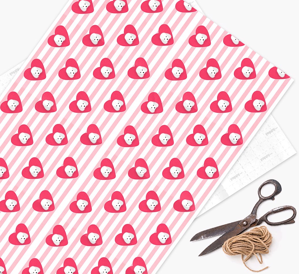 Wrapping Paper with Hearts and {breedFullName} Icons - wrapping paper, scissors and string