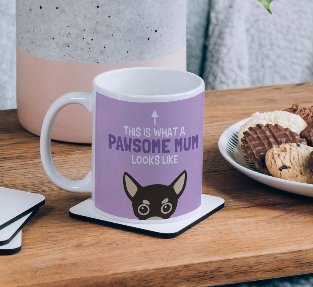 Pawsome Dog Mum: Personalised {breedFullName} Mug - on a coffee table