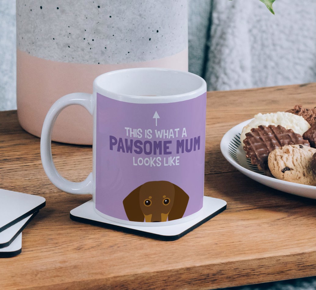 Pawsome Dog Mum: Personalised {breedFullName} Mug - on a coffee table