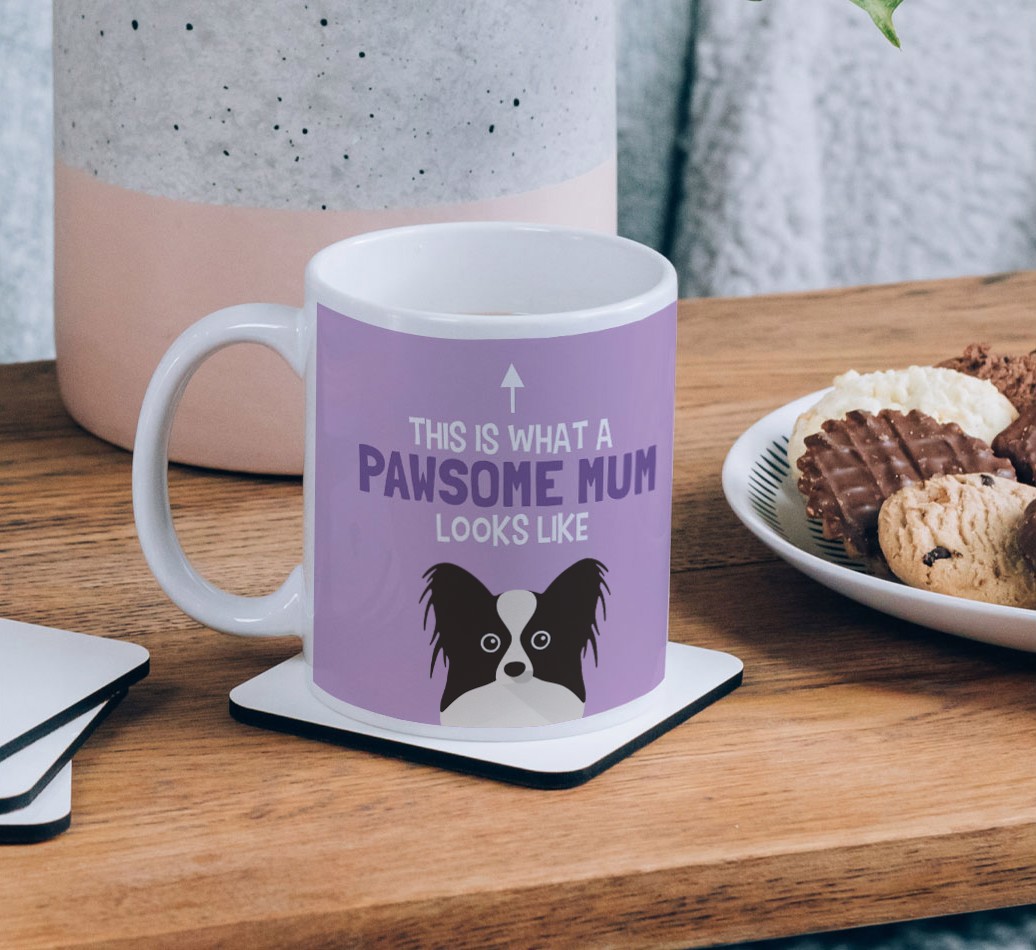 Pawsome Dog Mum: Personalised {breedFullName} Mug - on a coffee table