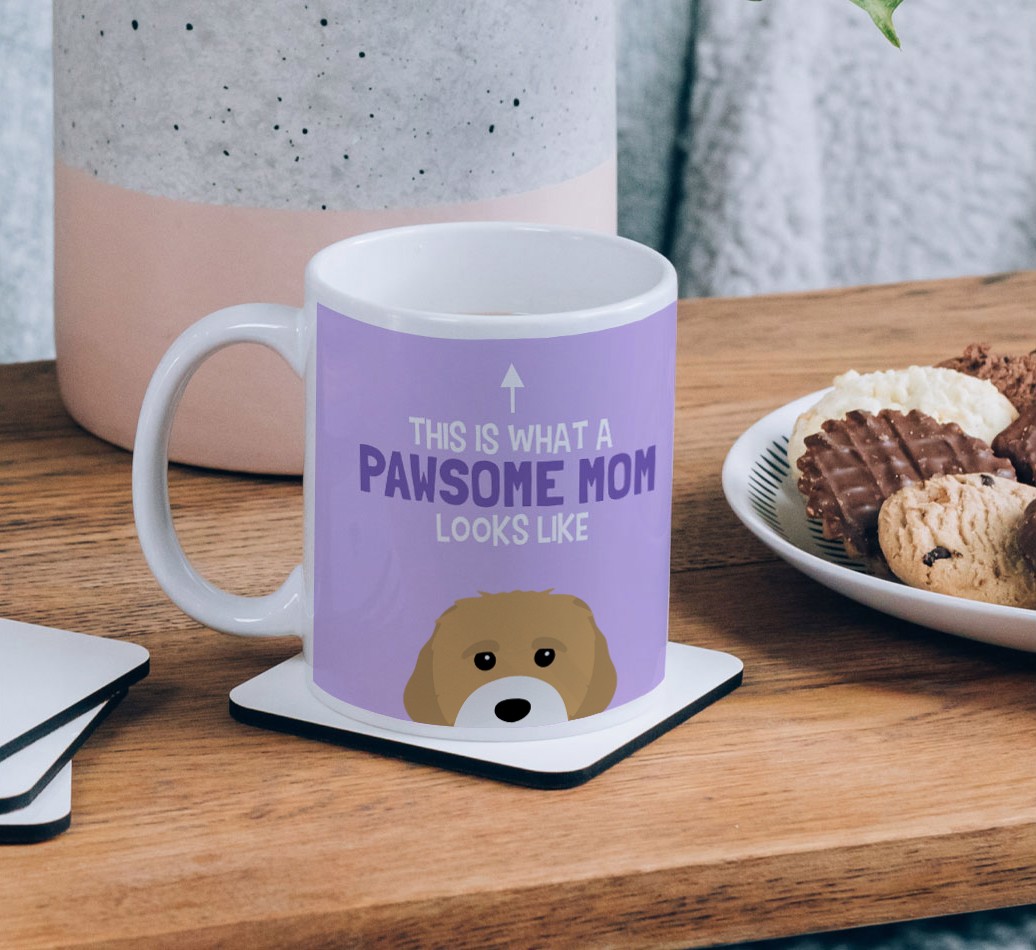 Pawsome Dog Mom: Personalized {breedFullName} Mug - on a coffee table