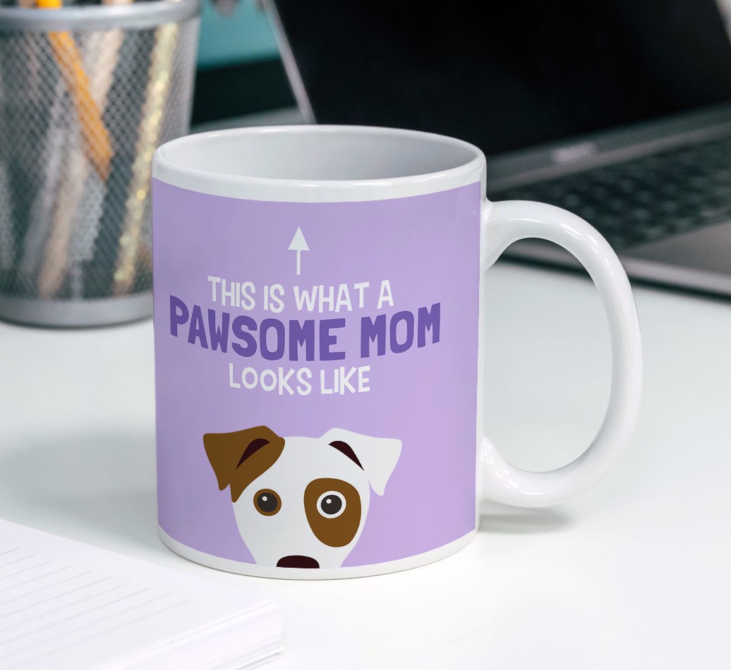 ''Pawsome Dog Mom' Mug with {breedFullName} Icon both views