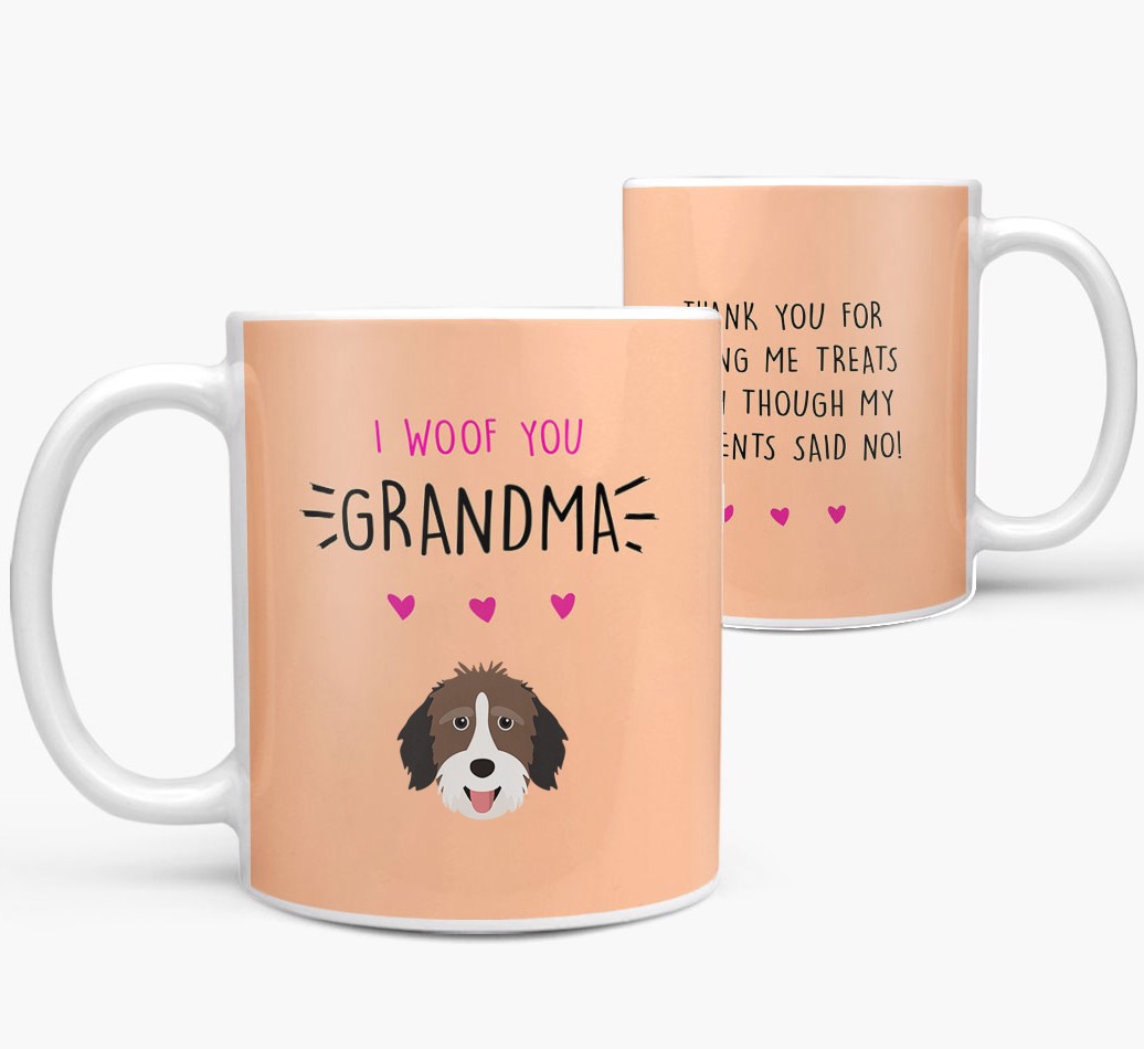 'Woof You Grandma' - Personalized {breedFullName} Mug - front and back