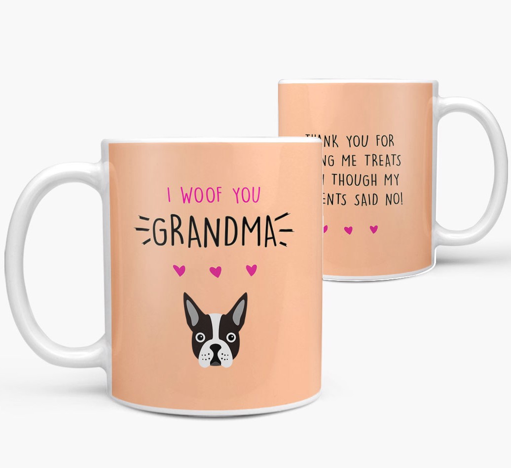 'Woof You Grandma' - Personalised {breedFullName} Mug - front and back