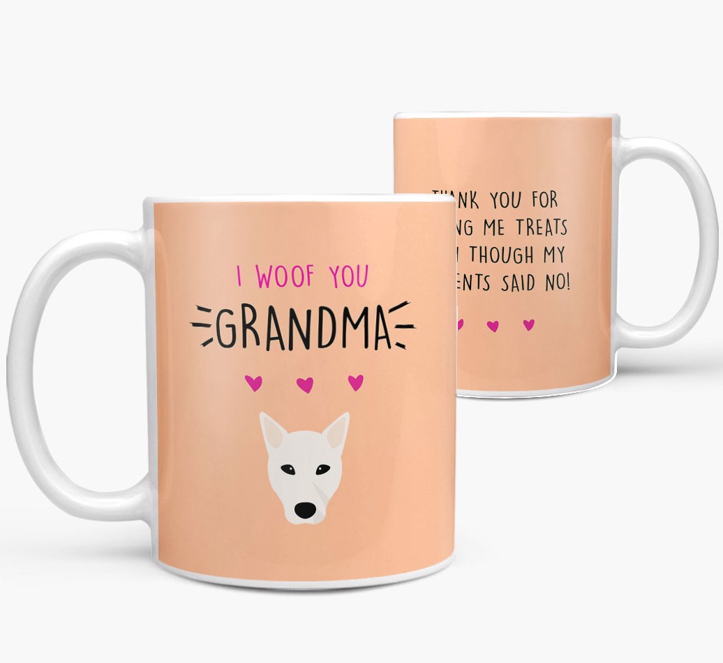 'Woof You Grandma' - Personalised {breedFullName} Mug - front and back