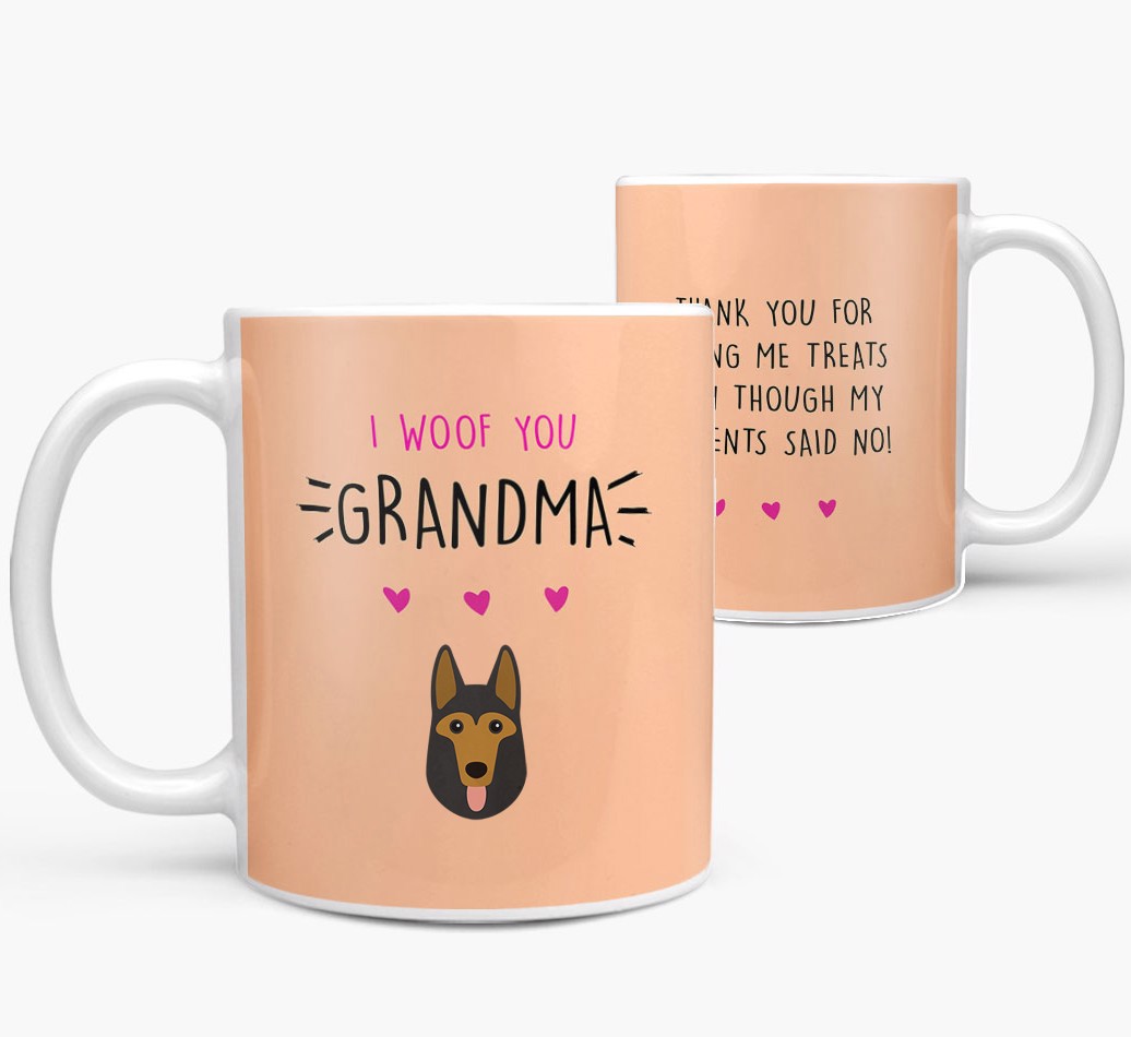 'Woof You Grandma' - Personalized {breedFullName} Mug - front and back