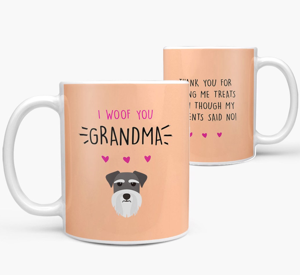 'Woof You Grandma' - Personalised {breedFullName} Mug - front and back