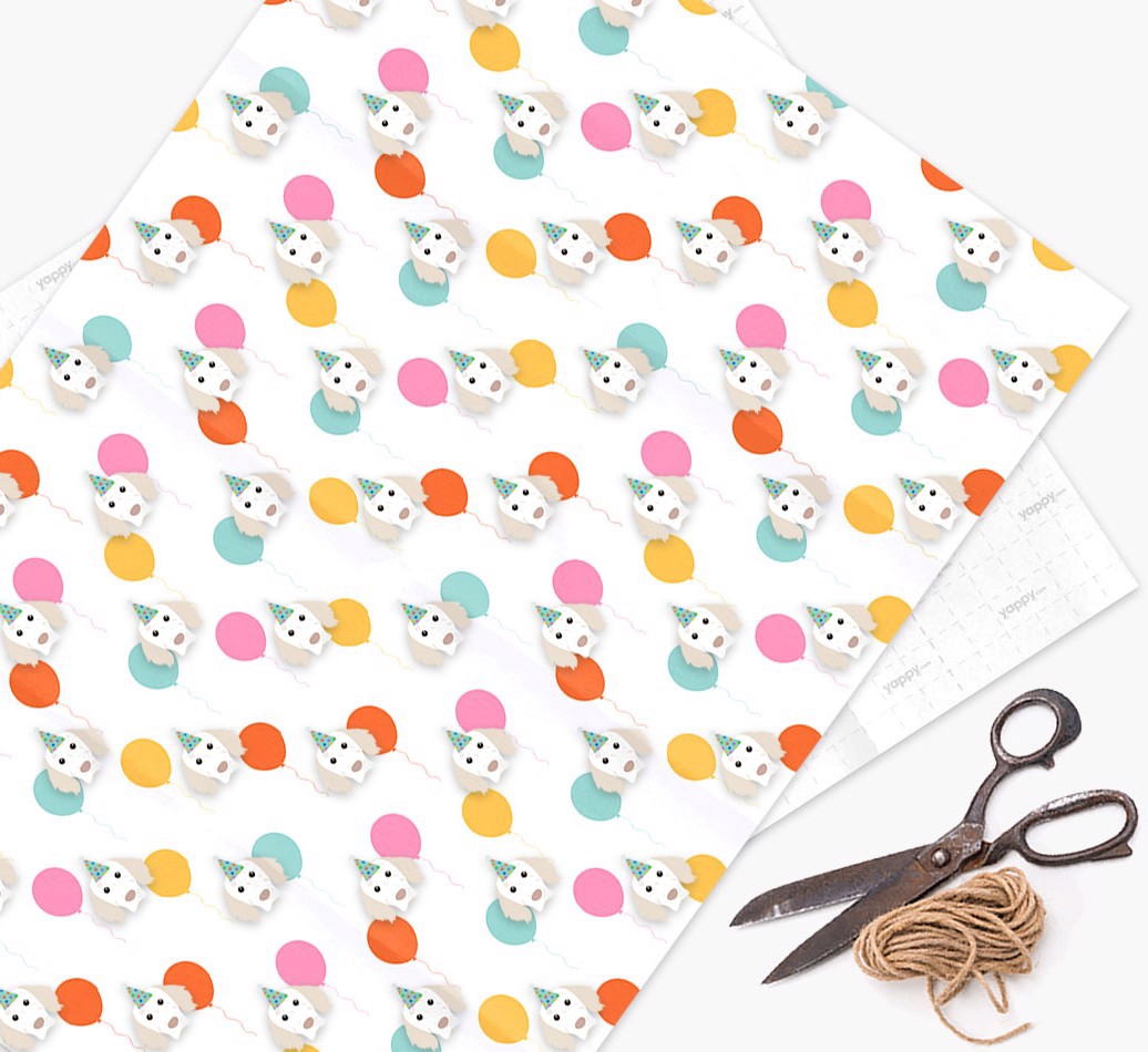 Birthday Balloon Wrapping Paper with {breedFullName} Icons - wrapping paper, scissors and string