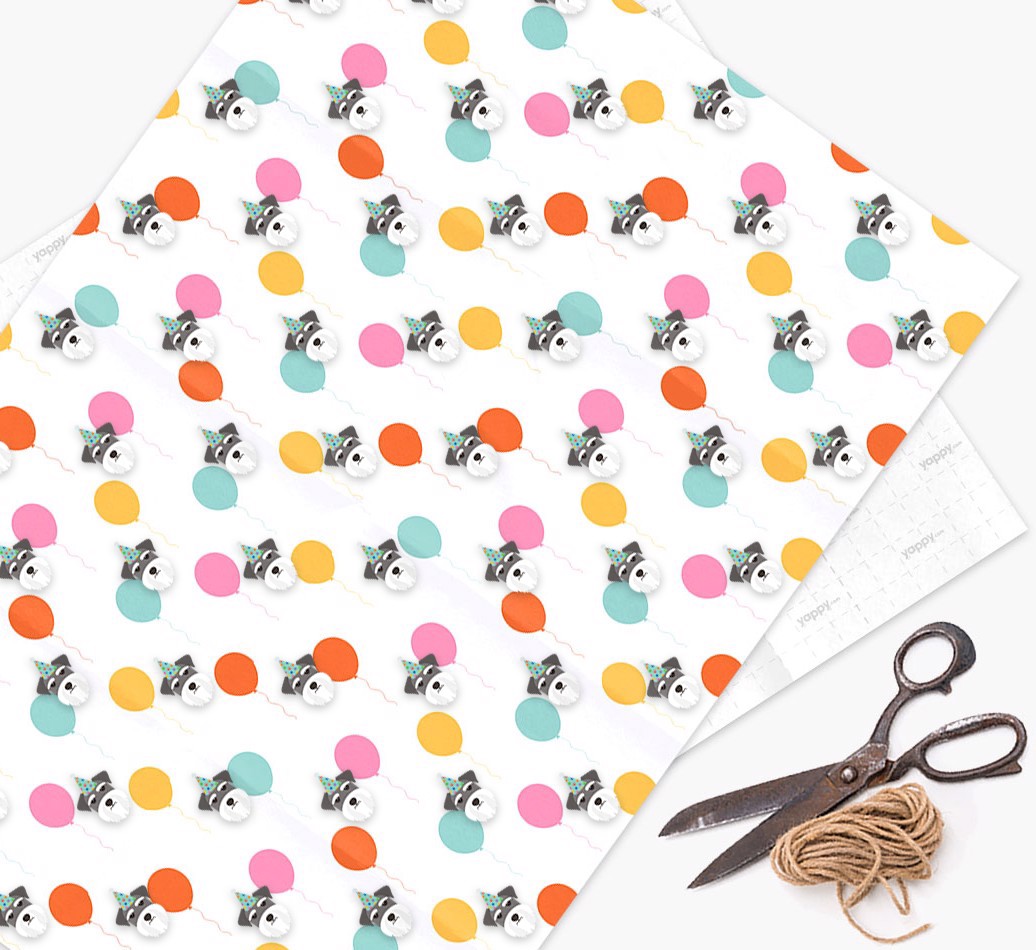 Birthday Balloon Wrapping Paper with {breedFullName} Icons - wrapping paper, scissors and string