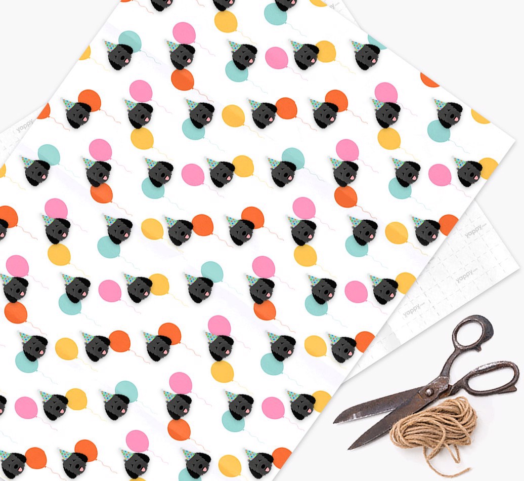 Birthday Balloon Wrapping Paper with {breedFullName} Icons - wrapping paper, scissors and string