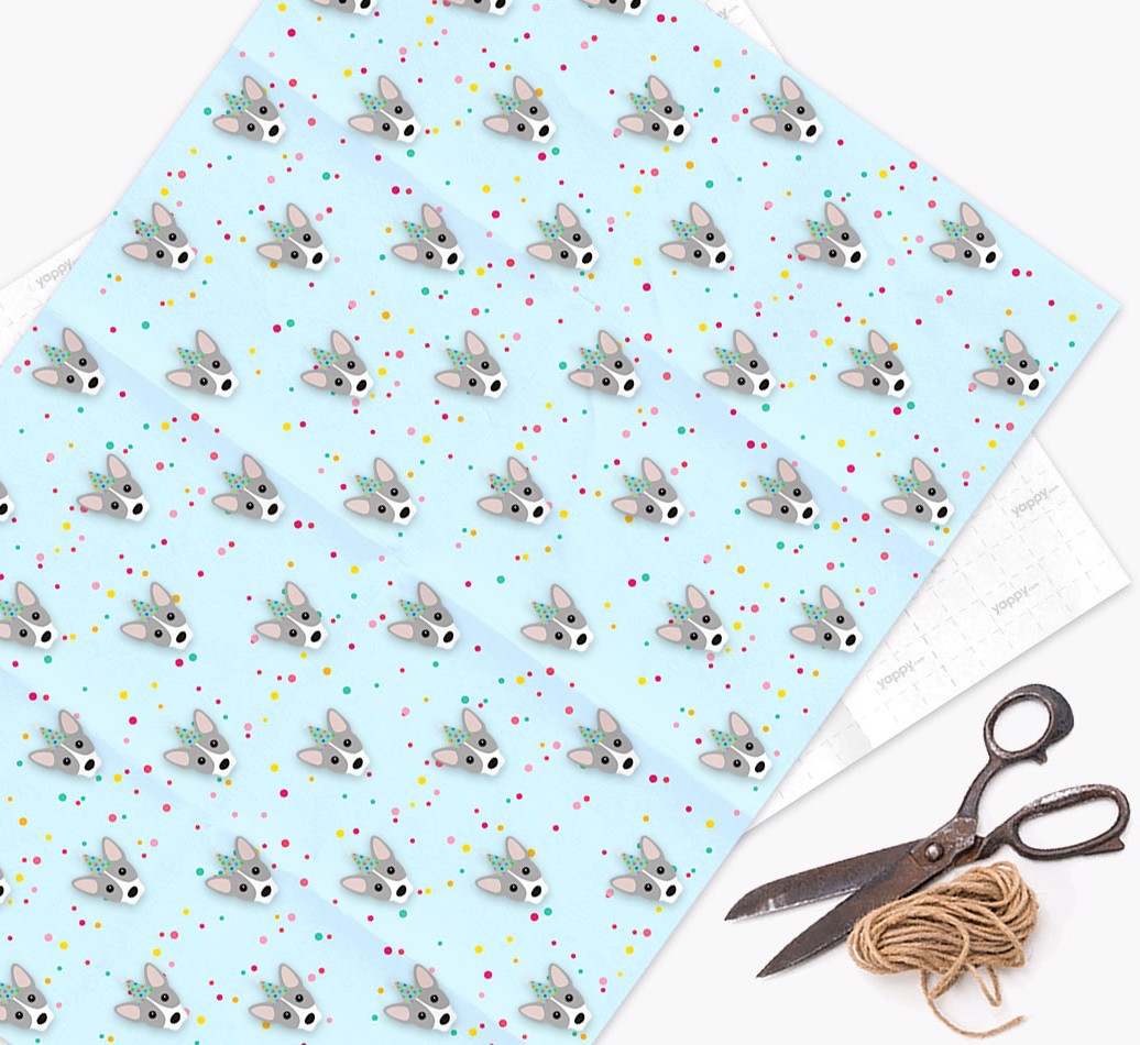 Birthday Confetti Wrapping Paper with {breedFullName} Icons - wrapping paper, scissors and string
