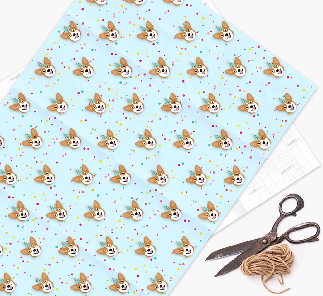 Birthday Confetti Wrapping Paper with {breedFullName} Icons - wrapping paper, scissors and string