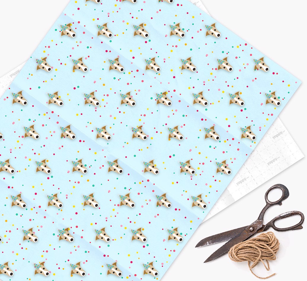 Birthday Confetti Wrapping Paper with {breedFullName} Icons - wrapping paper, scissors and string