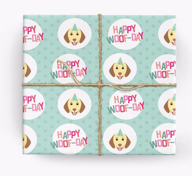 'Happy Woof-day' Wrapping Paper with {breedFullName} Icons