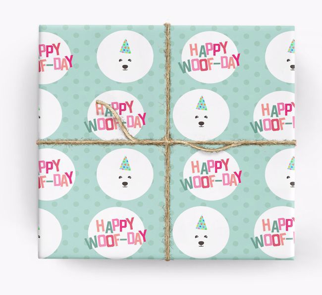 'Happy Woof-day' Wrapping Paper with {breedFullName} Icons