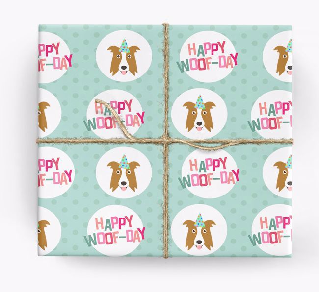 'Happy Woof-day' Wrapping Paper with {breedFullName} Icons