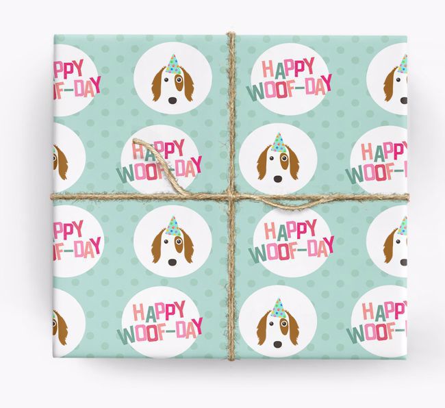 'Happy Woof-day' Wrapping Paper with {breedFullName} Icons