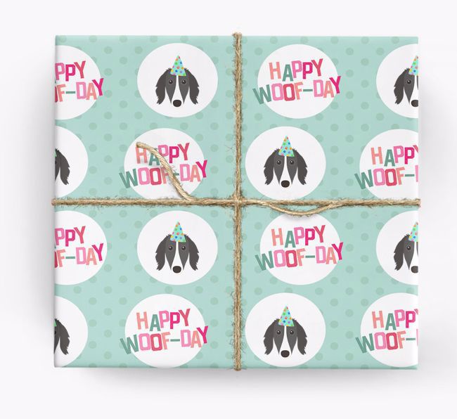 'Happy Woof-day' Wrapping Paper with {breedFullName} Icons