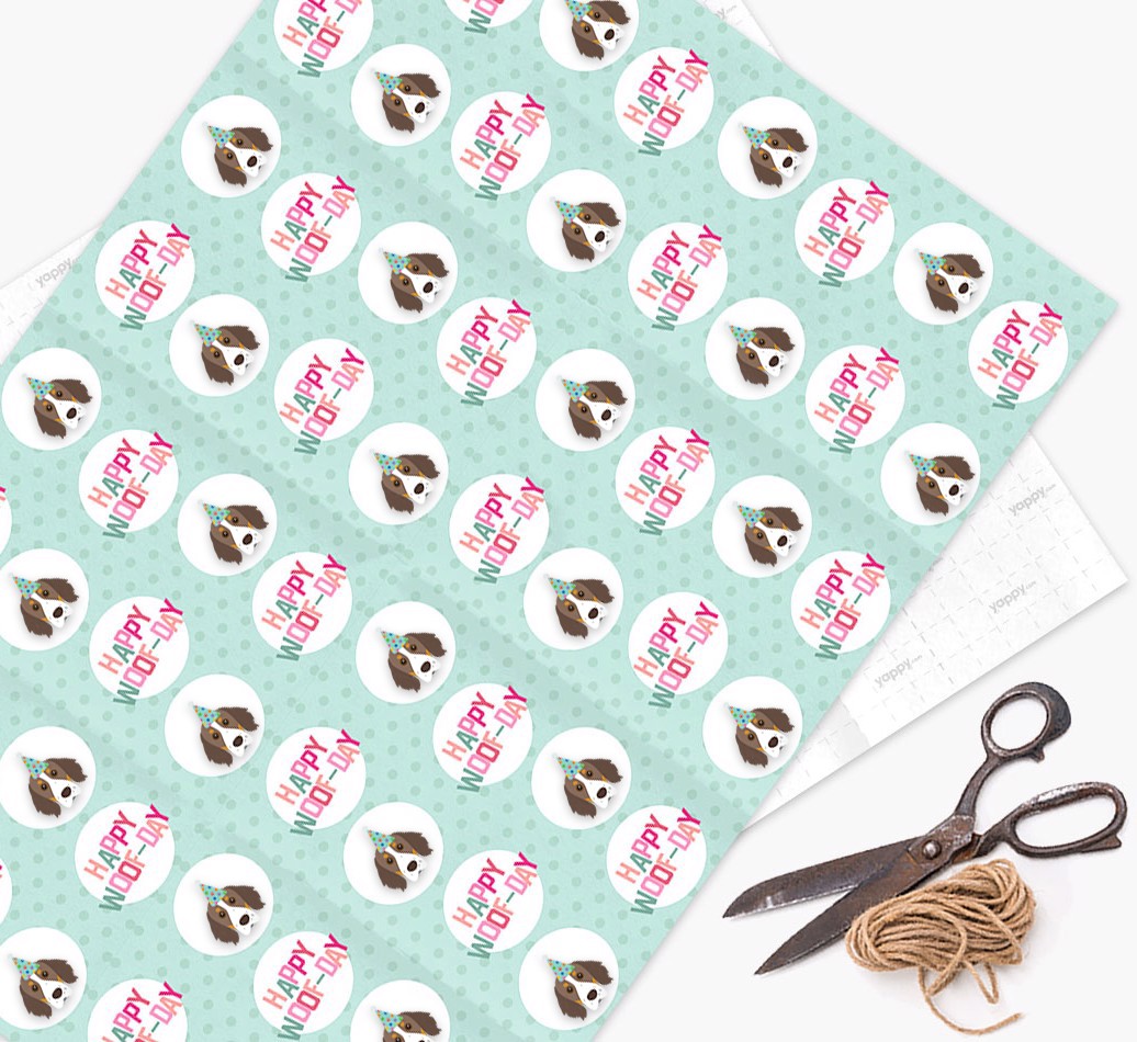 'Happy Woof-day' Wrapping Paper with {breedFullName} Icons - wrapping paper, scissors and string