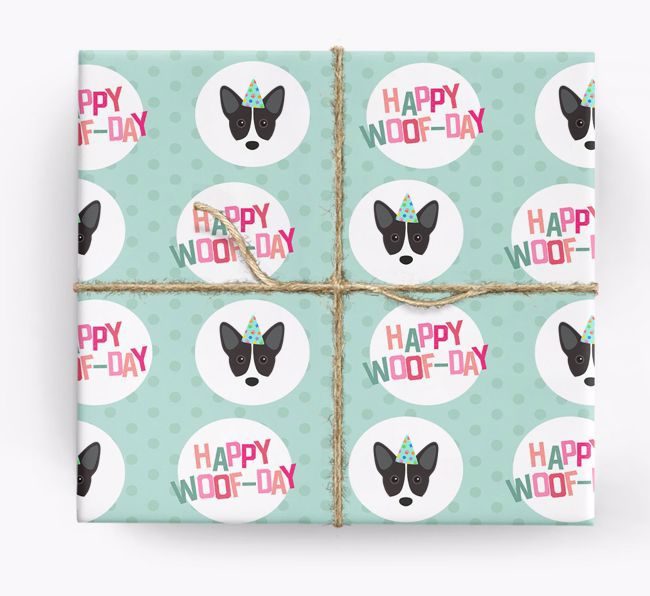 'Happy Woof-day' Wrapping Paper with {breedFullName} Icons