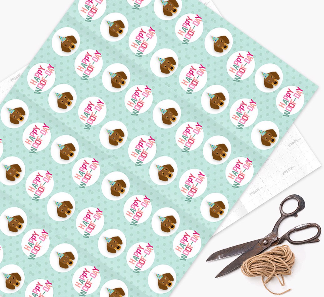'Happy Woof-day' Wrapping Paper with {breedFullName} Icons - wrapping paper, scissors and string