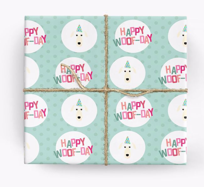 'Happy Woof-day' Wrapping Paper with {breedFullName} Icons