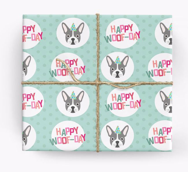 'Happy Woof-day' Wrapping Paper with {breedFullName} Icons