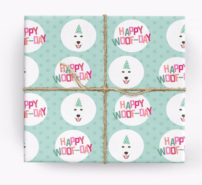 'Happy Woof-day' Wrapping Paper with {breedFullName} Icons