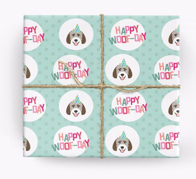 'Happy Woof-day' Wrapping Paper with {breedFullName} Icons