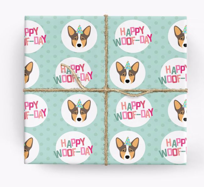 'Happy Woof-day' Wrapping Paper with {breedFullName} Icons