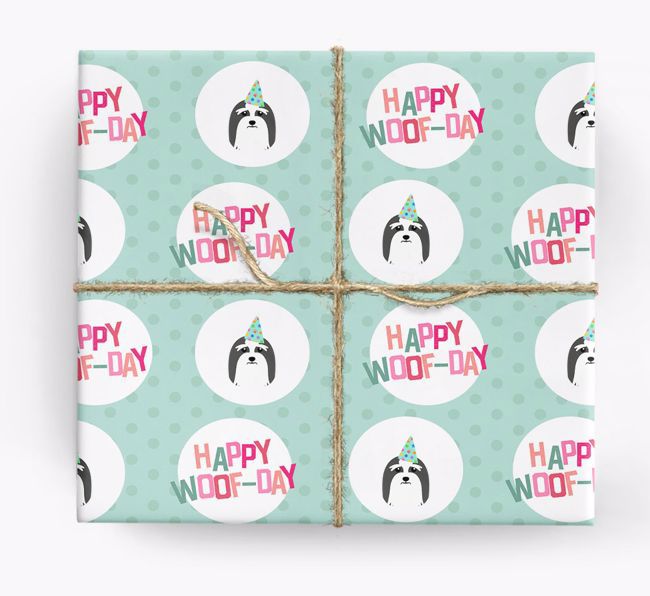 'Happy Woof-day' Wrapping Paper with {breedFullName} Icons