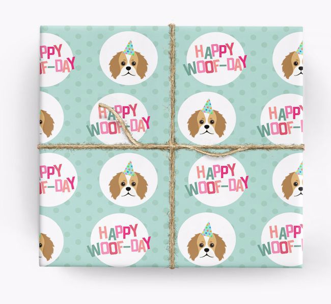 'Happy Woof-day' Wrapping Paper with {breedFullName} Icons