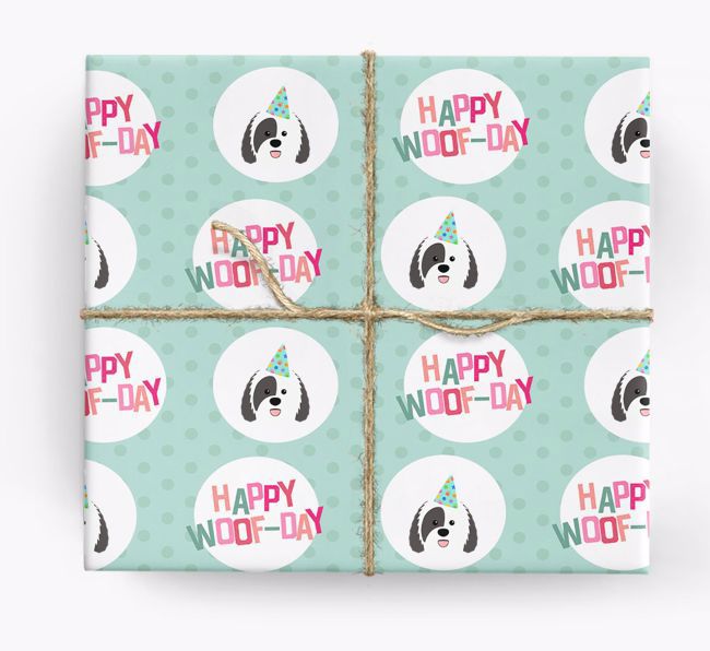 'Happy Woof-day' Wrapping Paper with {breedFullName} Icons