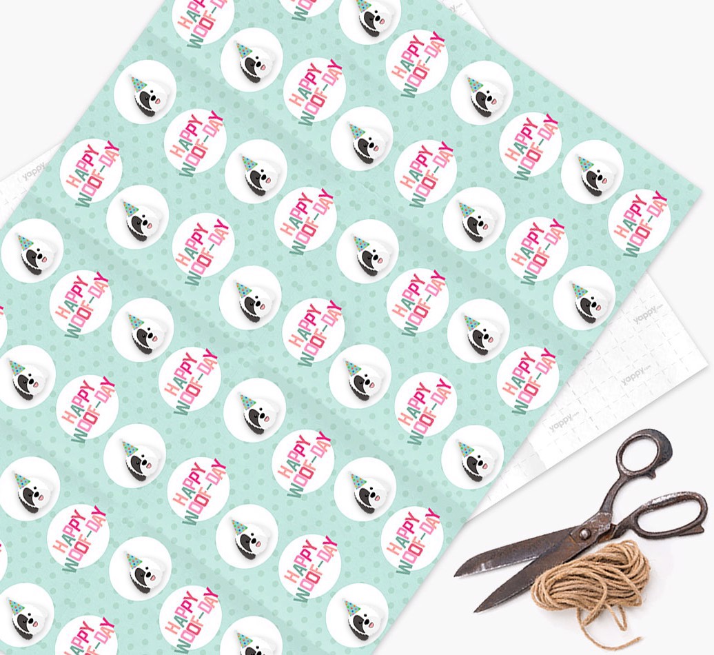 'Happy Woof-day' Wrapping Paper with {breedFullName} Icons - wrapping paper, scissors and string