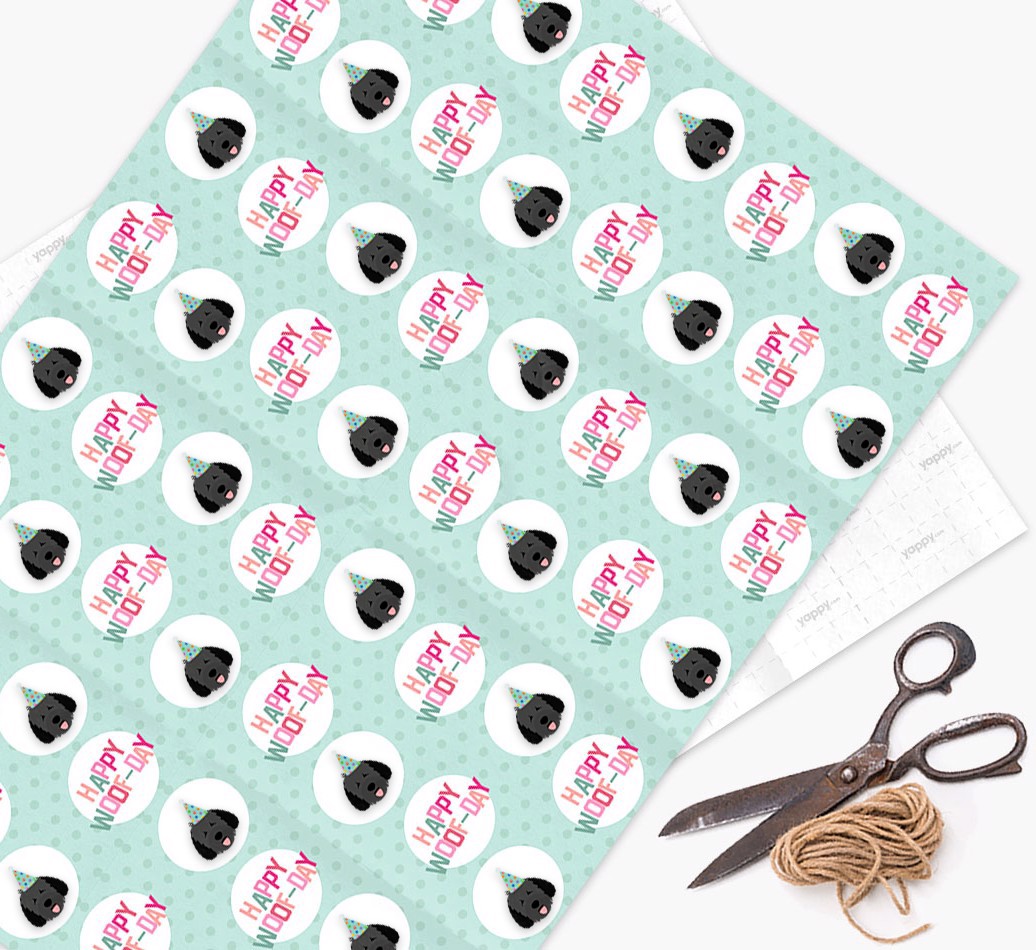 'Happy Woof-day' Wrapping Paper with {breedFullName} Icons - wrapping paper, scissors and string