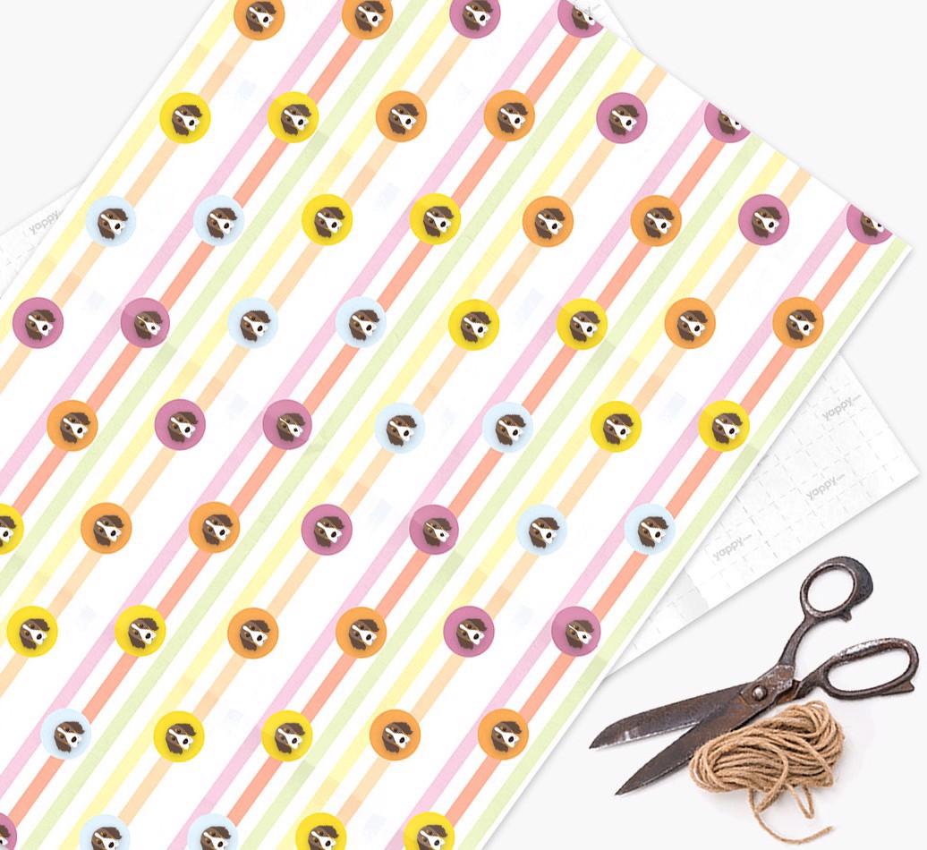 Colorful Wrapping Paper with {breedFullName} Icons - wrapping paper, scissors and string