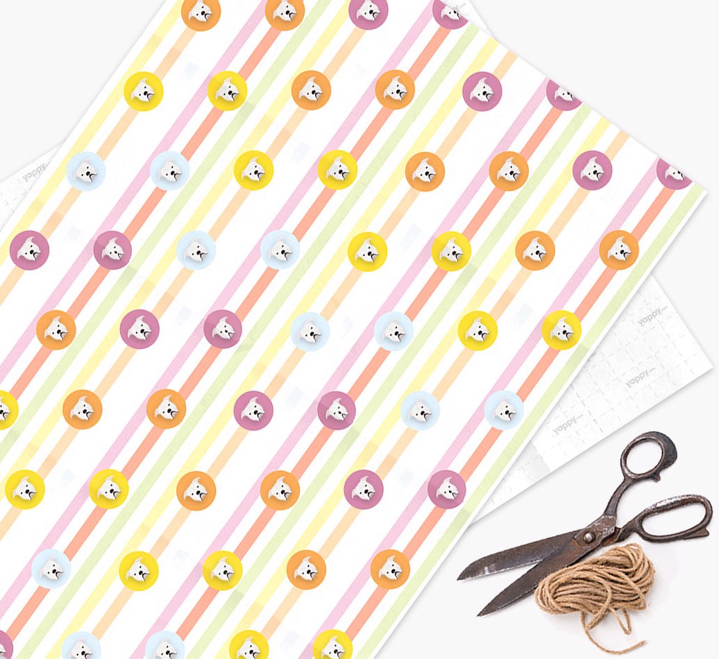 Colourful Wrapping Paper with {breedFullName} Icons - wrapping paper, scissors and string