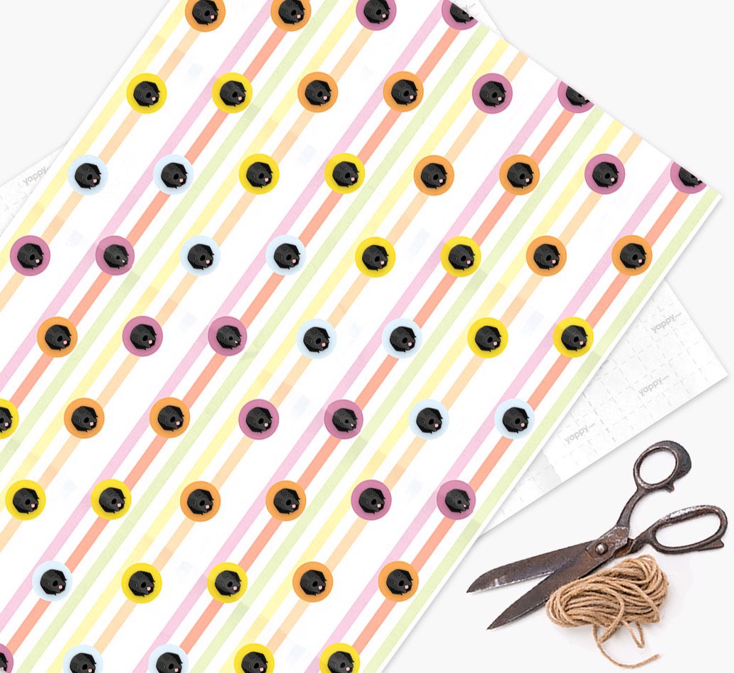 Colourful Wrapping Paper with {breedFullName} Icons - wrapping paper, scissors and string