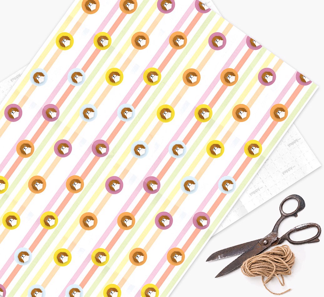 Colourful Wrapping Paper with {breedFullName} Icons - wrapping paper, scissors and string