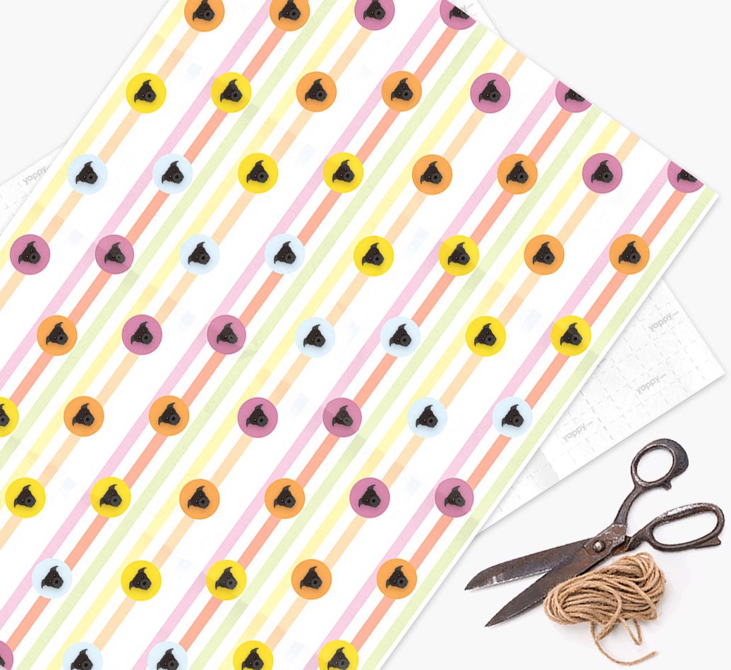 Colorful Wrapping Paper with {breedFullName} Icons - wrapping paper, scissors and string
