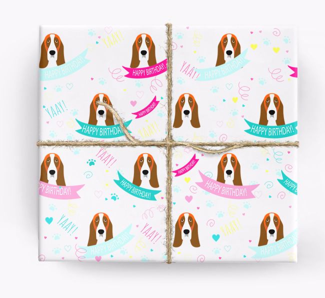 'Happy Birthday' Ribbon Wrapping Paper with {breedFullName} Icons