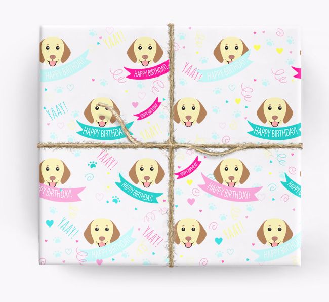 'Happy Birthday' Ribbon Wrapping Paper with {breedFullName} Icons