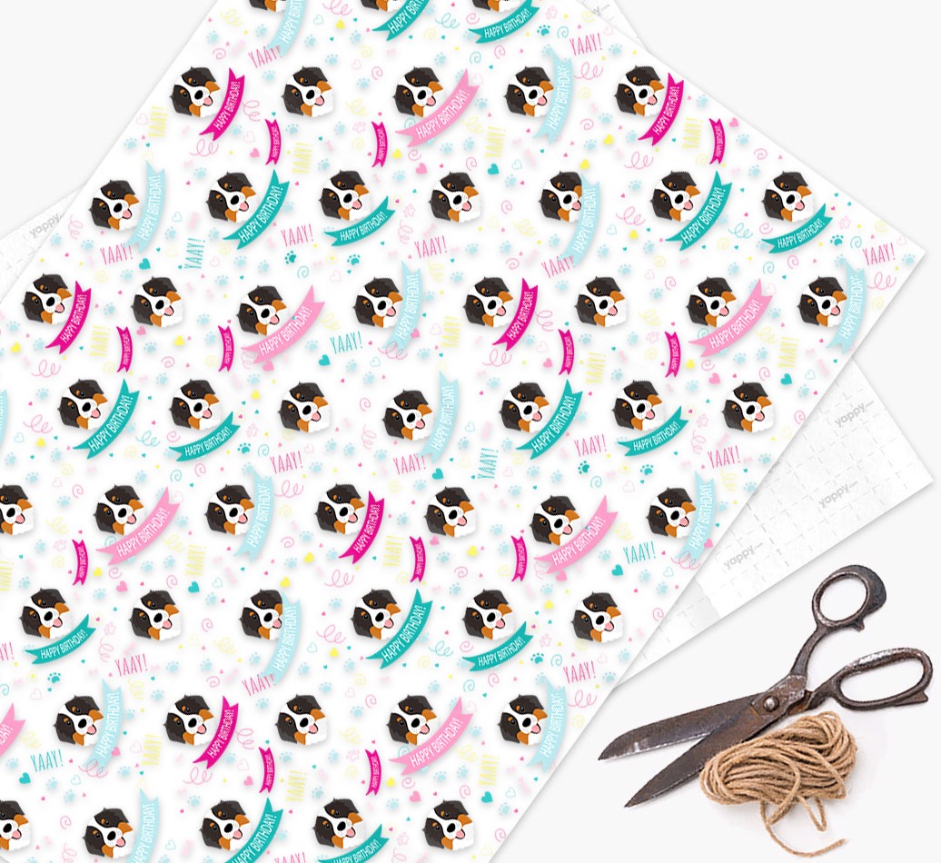 'Happy Birthday' Ribbon Wrapping Paper with {breedFullName} Icons - wrapping paper, scissors and string