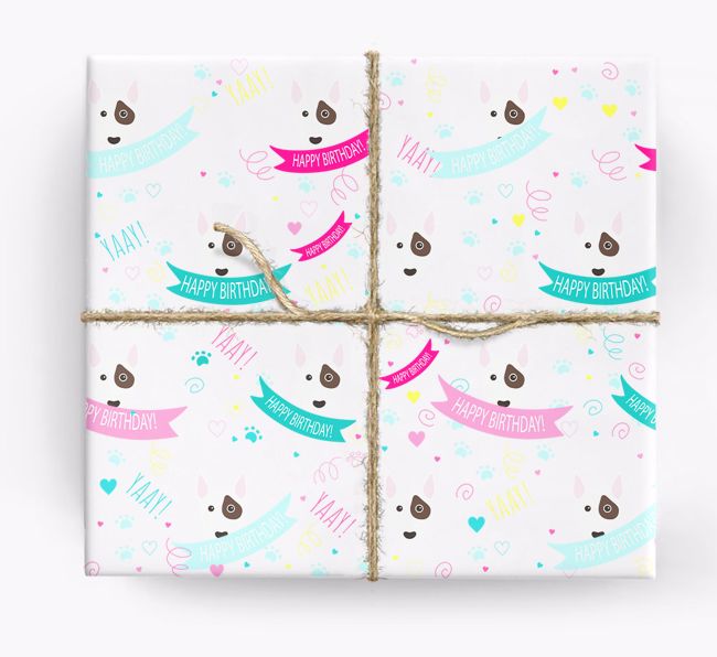 'Happy Birthday' Ribbon Wrapping Paper with {breedFullName} Icons