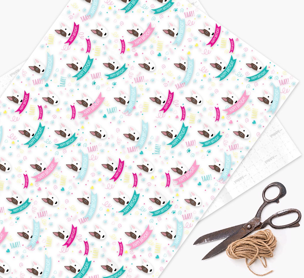 'Happy Birthday' Ribbon Wrapping Paper with {breedFullName} Icons - wrapping paper, scissors and string